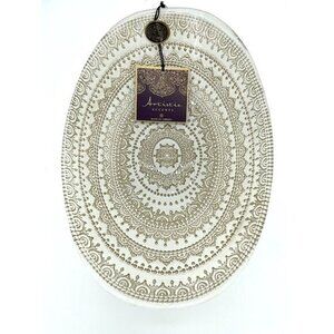 Artistic Accents White Glass Oval Serving Bowl Gold Lace Print Handmade NWT
